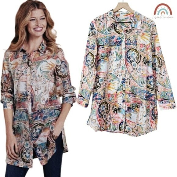 Soft Surroundings Kira Paisley Button Down Shirt Tunic Longline Blouse Top - Picture 1 of 12